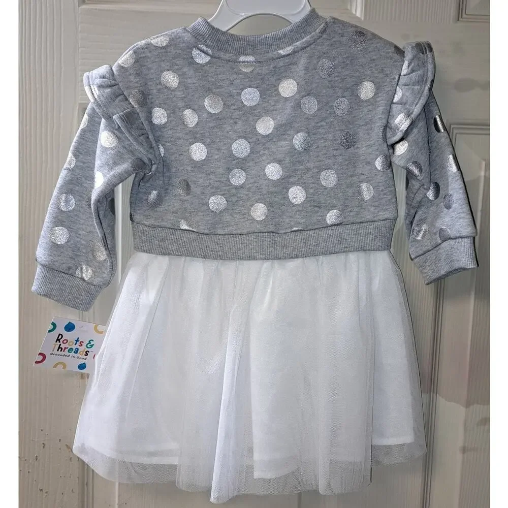 Roots & Threads Toddler Girls Sweatshirt Dress 18M Gray Silver Polka Dot Tulle